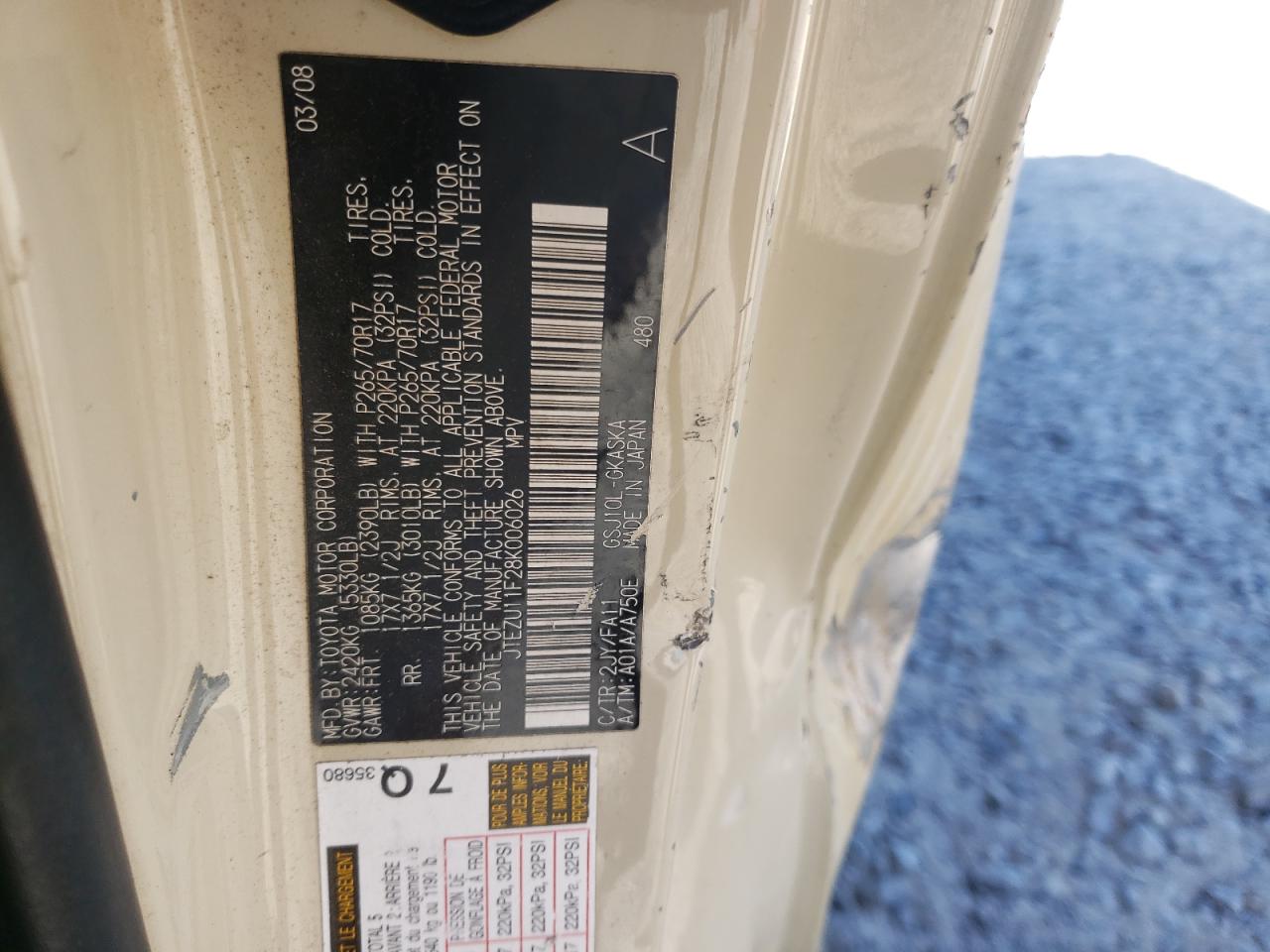 2008 Toyota Fj Cruiser VIN: JTEZU11F28K006026 Lot: 82383815