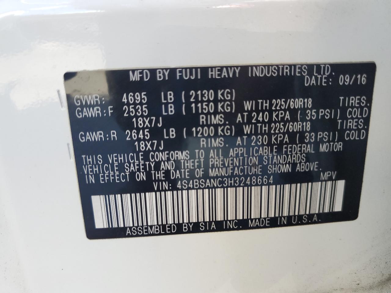 2017 Subaru Outback 2.5I Limited VIN: 4S4BSANC3H3248664 Lot: 87071435