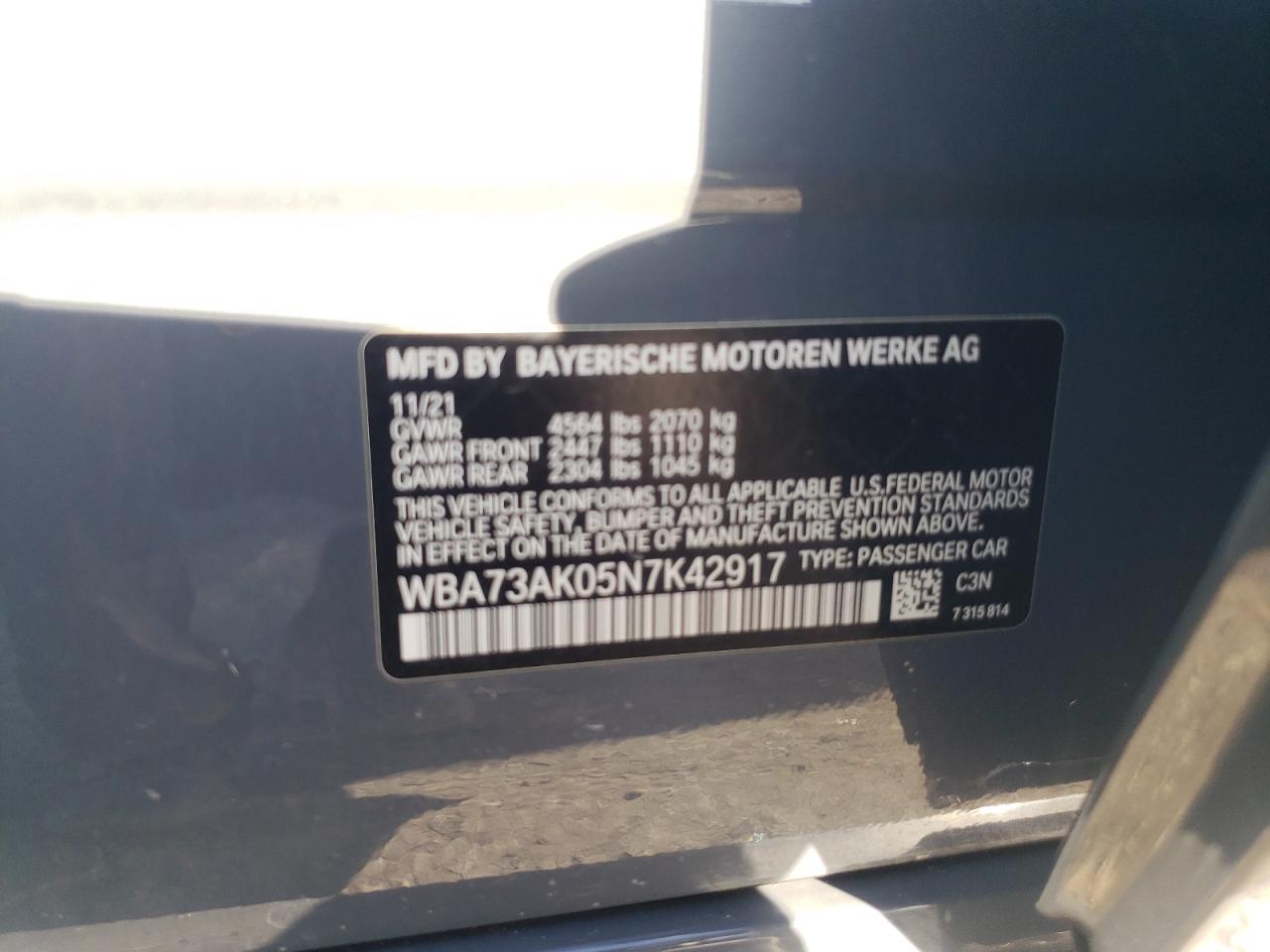 2022 BMW 228Xi VIN: WBA73AK05N7K42917 Lot: 85836855
