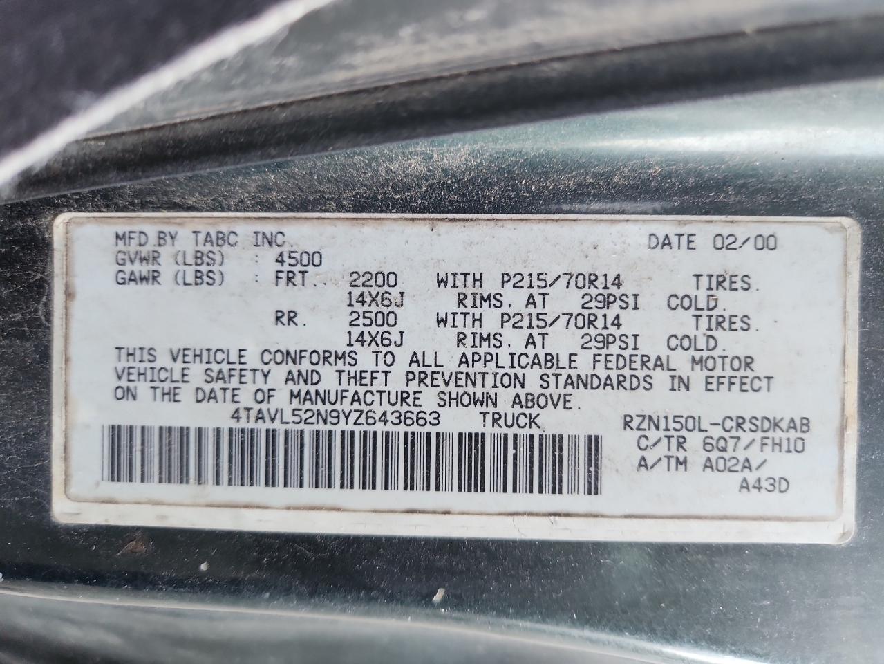 2000 Toyota Tacoma Xtracab VIN: 4TAVL52N9YZ643663 Lot: 82362055