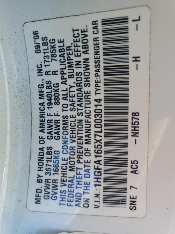 2007 Honda Civic Lx VIN: 1HGFA165X7L003014 Lot: 84751365