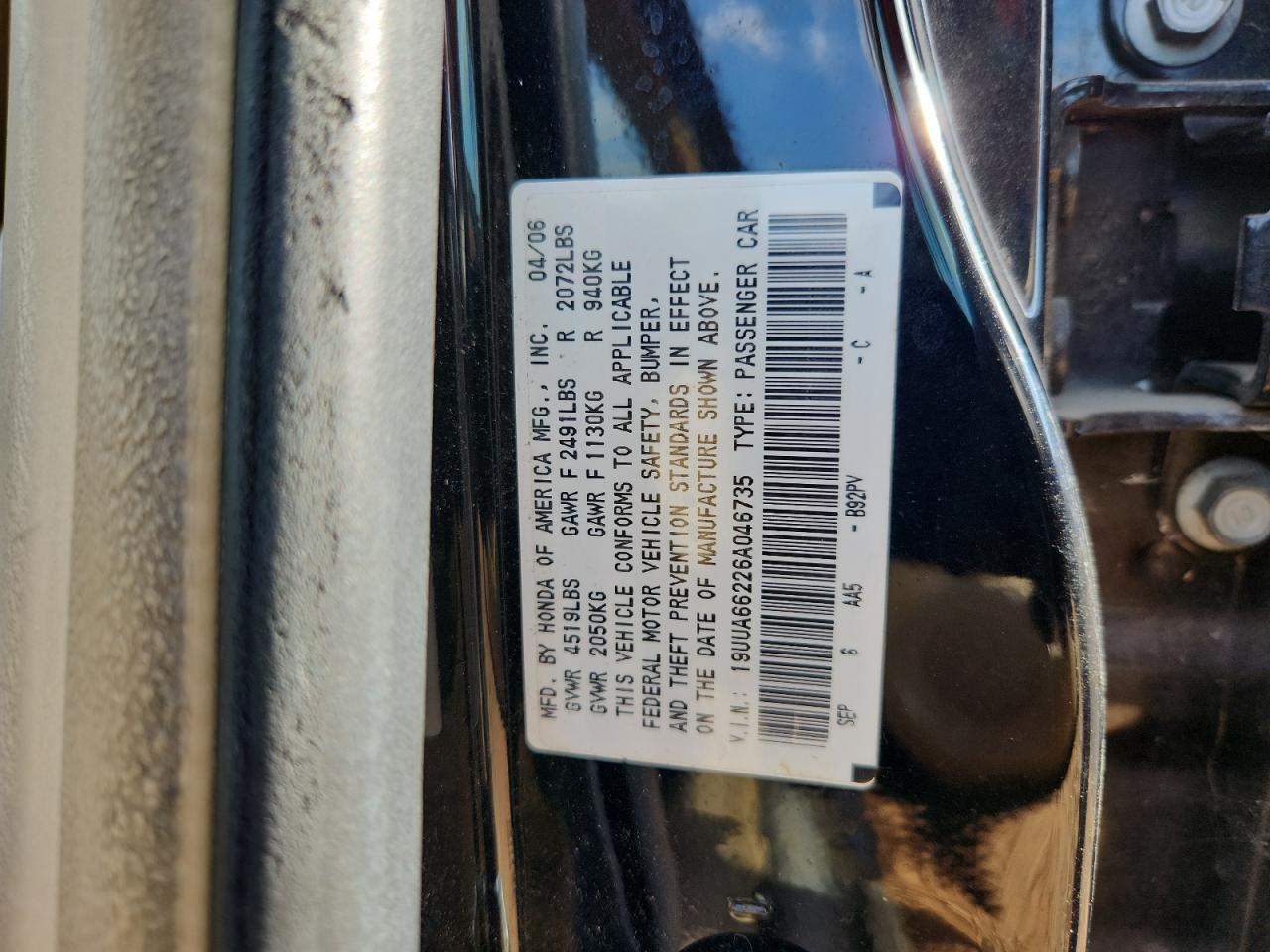 2006 Acura 3.2Tl VIN: 19UUA66226A046735 Lot: 85181395