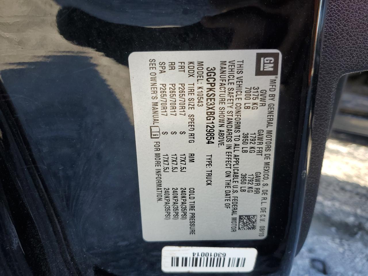 2011 Chevrolet Silverado K1500 Lt VIN: 3GCPKSE3XBG129854 Lot: 81913715