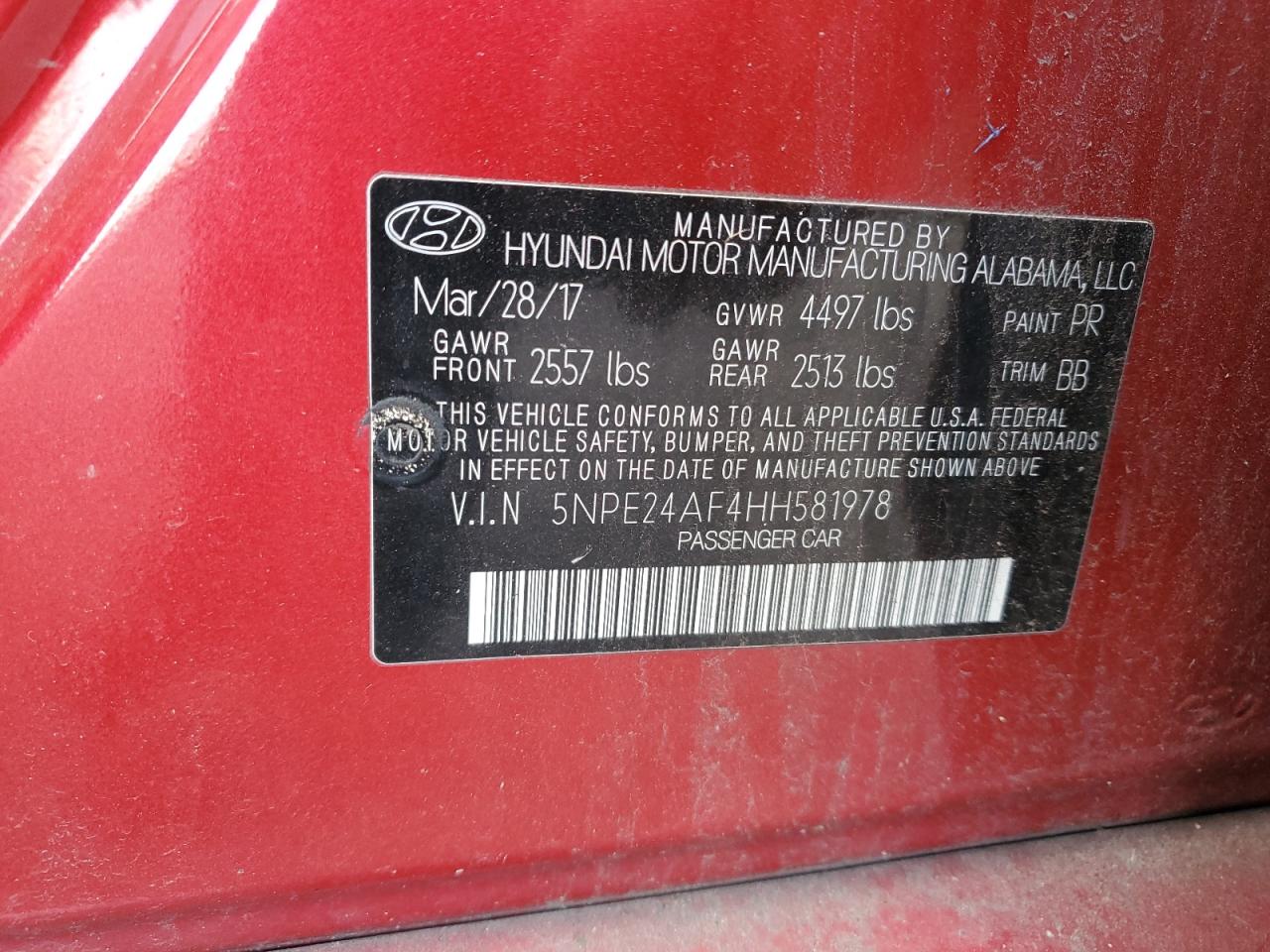 2017 Hyundai Sonata Se VIN: 5NPE24AF4HH581978 Lot: 85916555