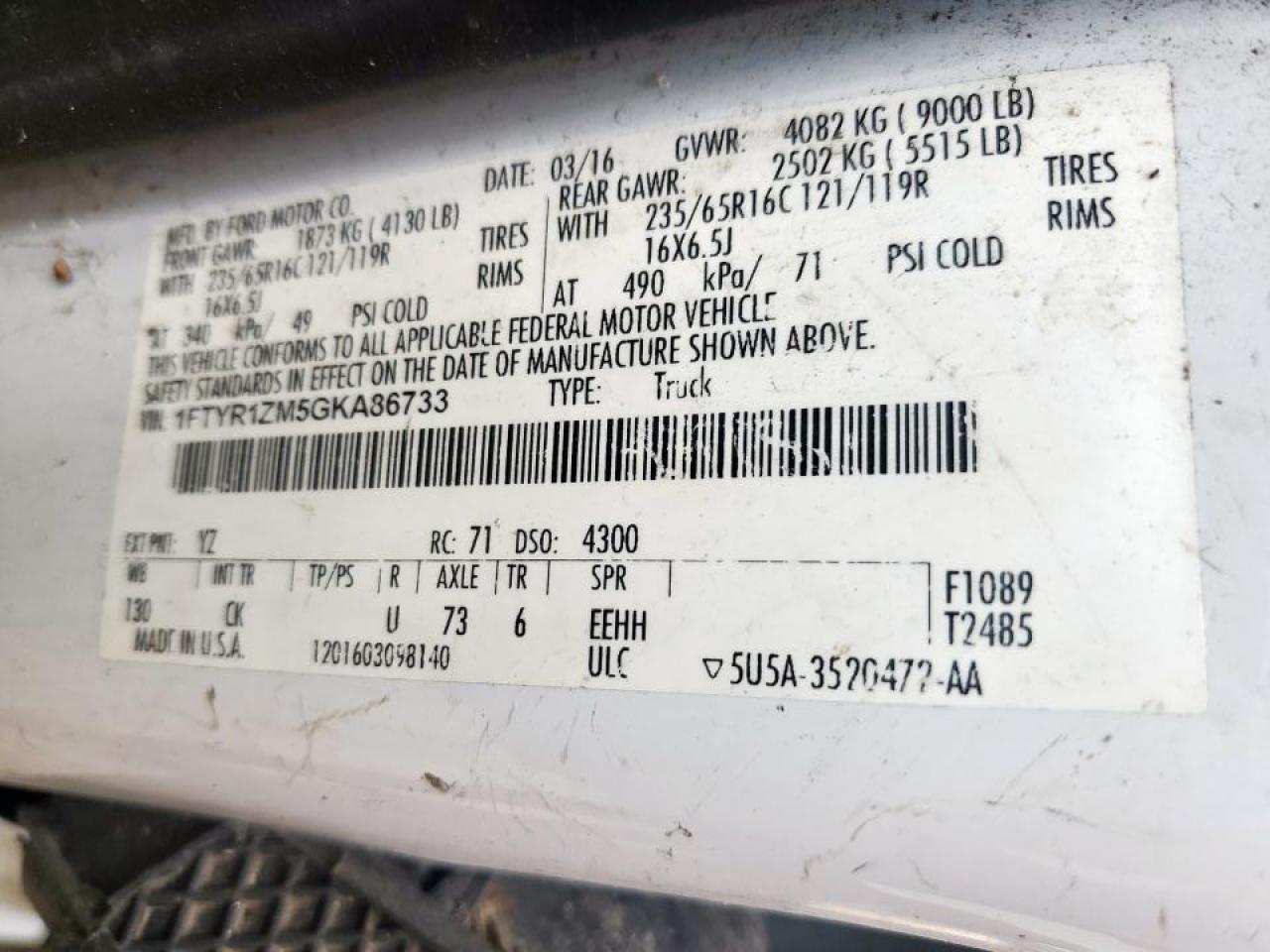 2016 Ford Transit 250 Delivery Van VIN: 1FTYR1ZM5GKA86733 Lot: 86664555