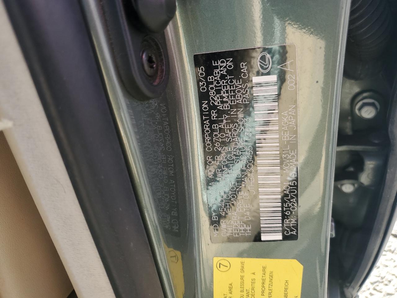 2005 Lexus Es 330 VIN: JTHBA30G455113673 Lot: 90121885