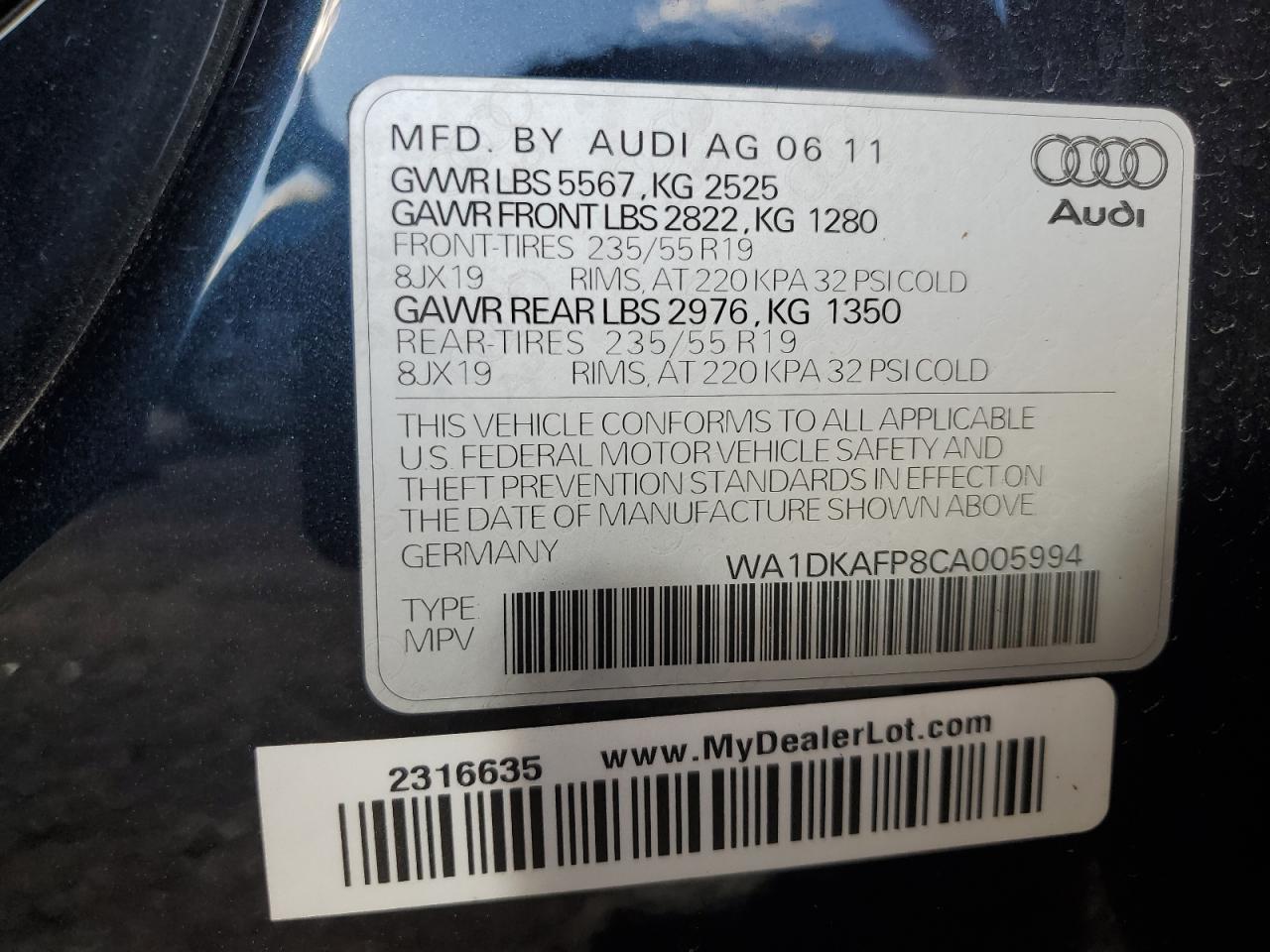2012 Audi Q5 Premium Plus VIN: WA1DKAFP8CA005994 Lot: 85752385
