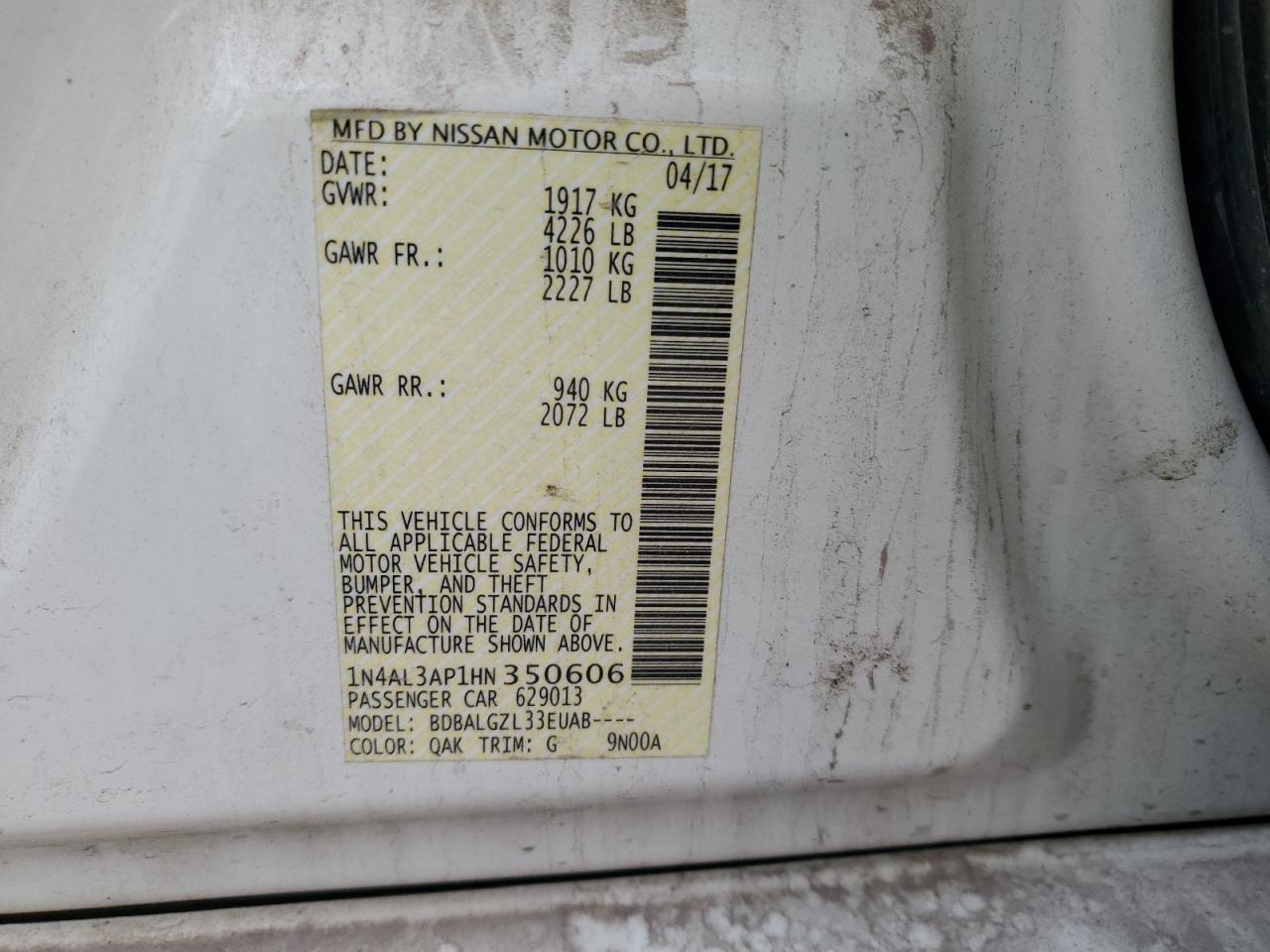 2017 Nissan Altima 2.5 VIN: 1N4AL3AP1HN350606 Lot: 85352025