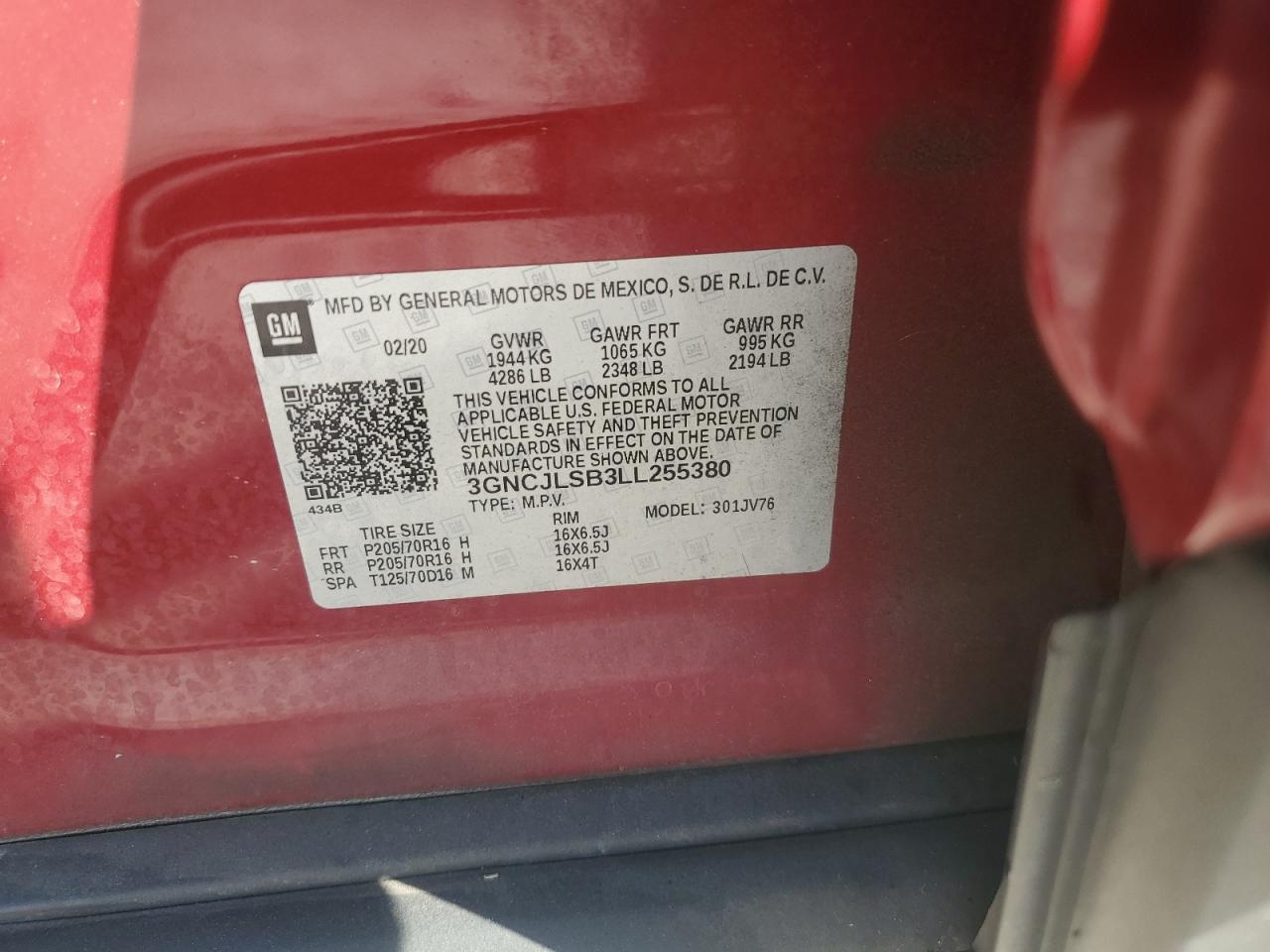 2020 Chevrolet Trax 1Lt VIN: 3GNCJLSB3LL255380 Lot: 86276505