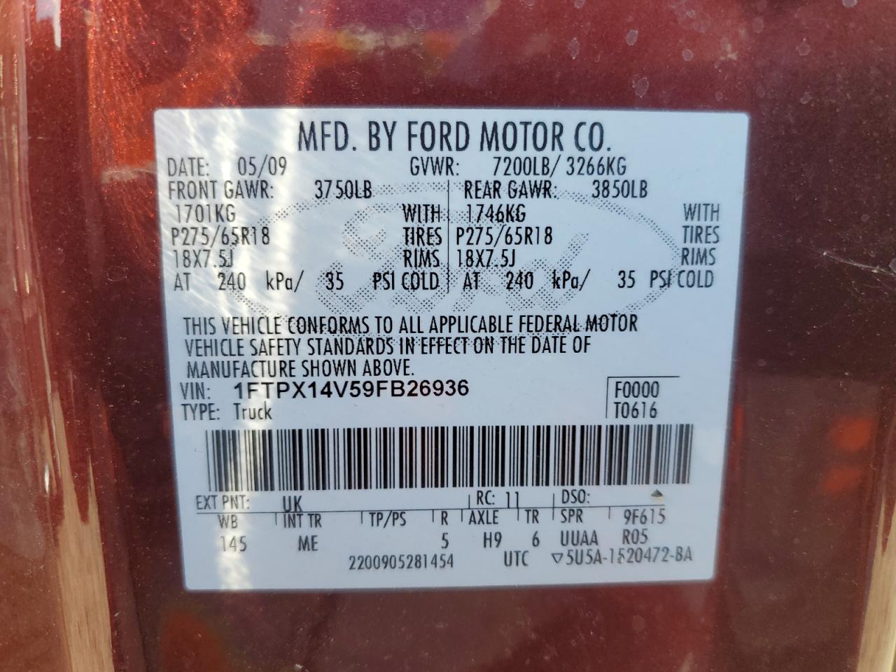 2009 Ford F150 Super Cab VIN: 1FTPX14V59FB26936 Lot: 81859515