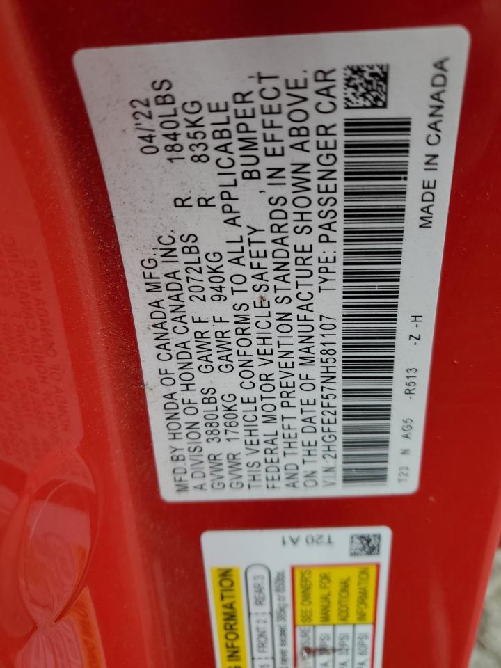 2022 Honda Civic Sport VIN: 2HGFE2F57NH581107 Lot: 86495725