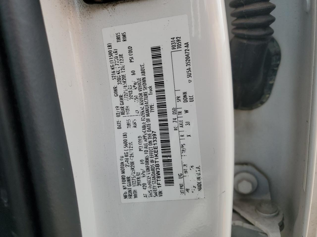 2019 Ford F350 Super Duty VIN: 1FT8W3BT1KEE13397 Lot: 86510745