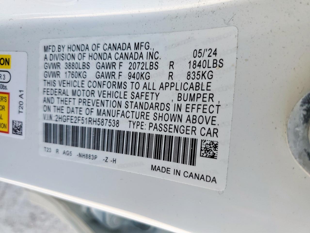 2024 Honda Civic Sport VIN: 2HGFE2F51RH587538 Lot: 82429635