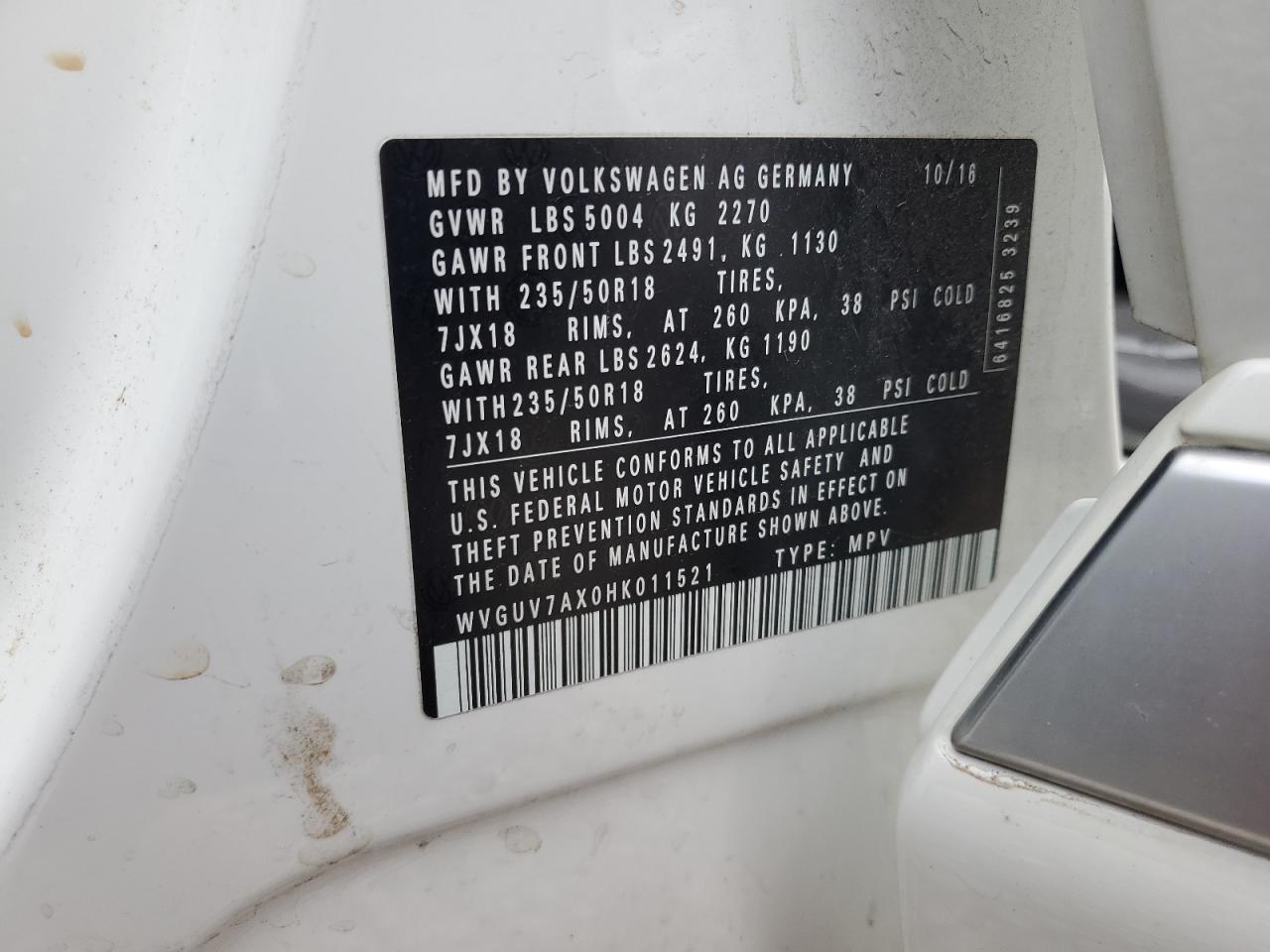 2017 Volkswagen Tiguan Sport VIN: WVGUV7AX0HK011521 Lot: 82466265