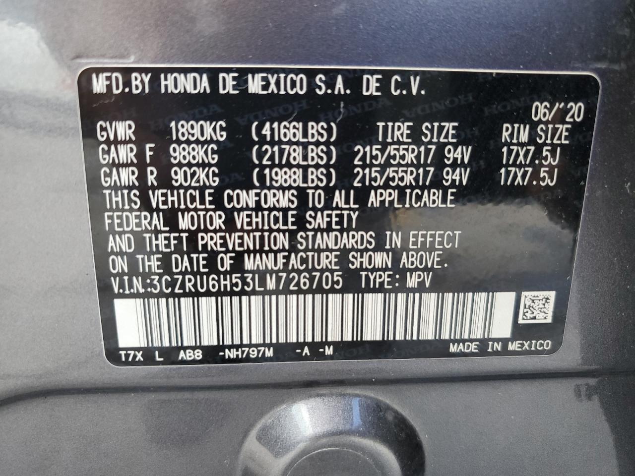 2020 Honda Hr-V Ex VIN: 3CZRU6H53LM726705 Lot: 85588945