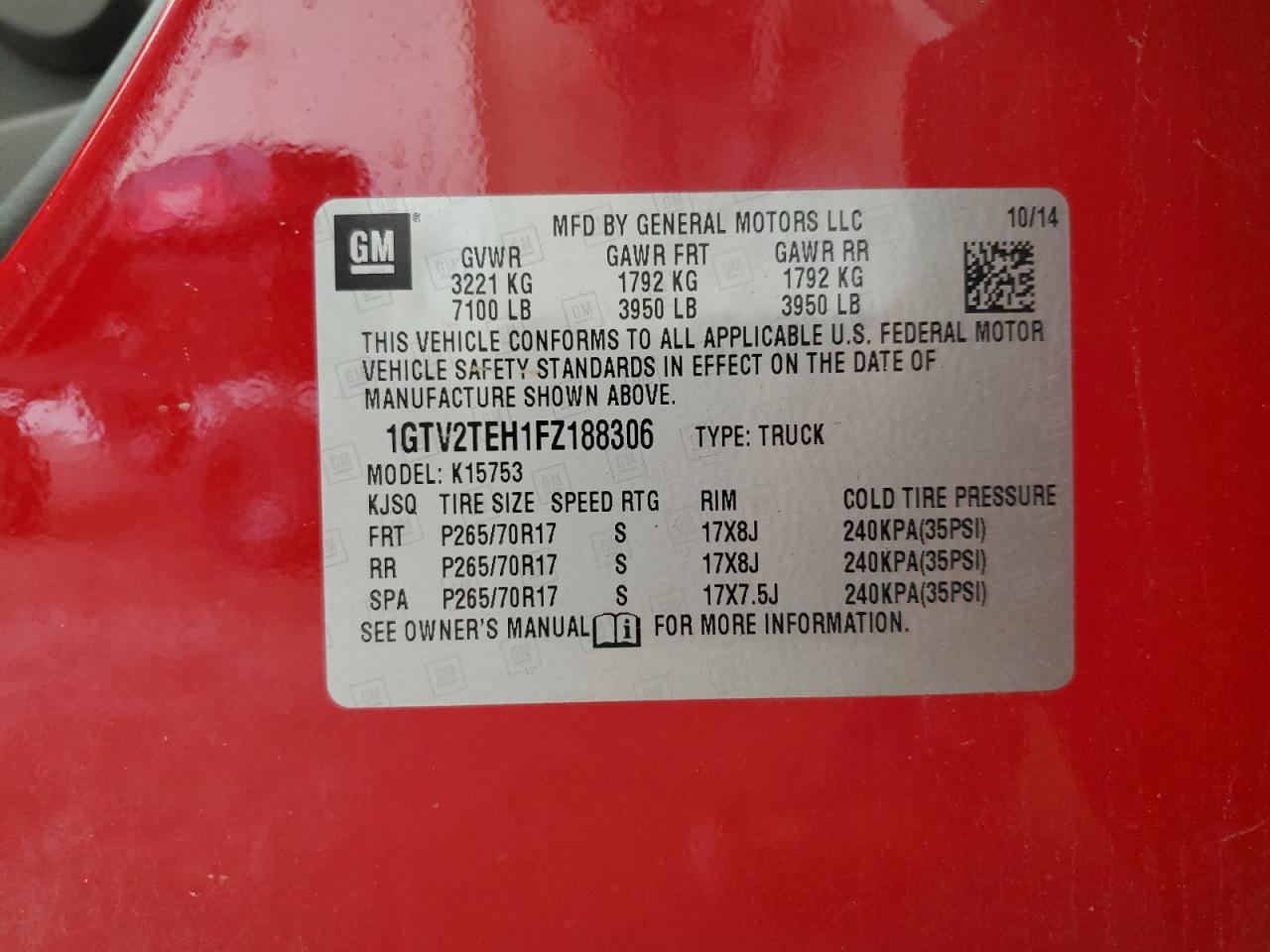 2015 GMC Sierra K1500 VIN: 1GTV2TEH1FZ188306 Lot: 82209435