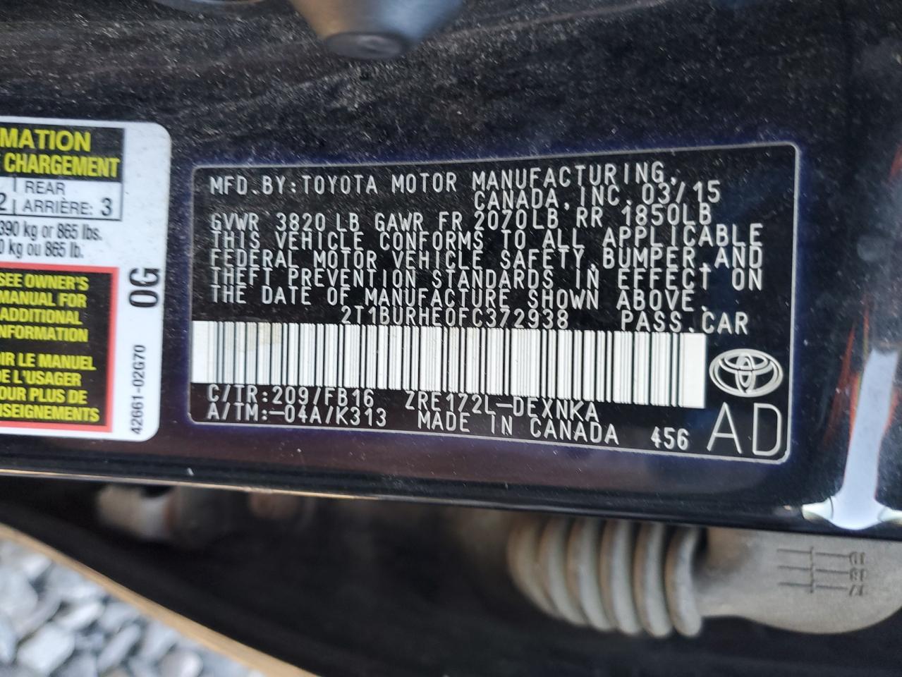 2015 Toyota Corolla L VIN: 2T1BURHE0FC372938 Lot: 85345255