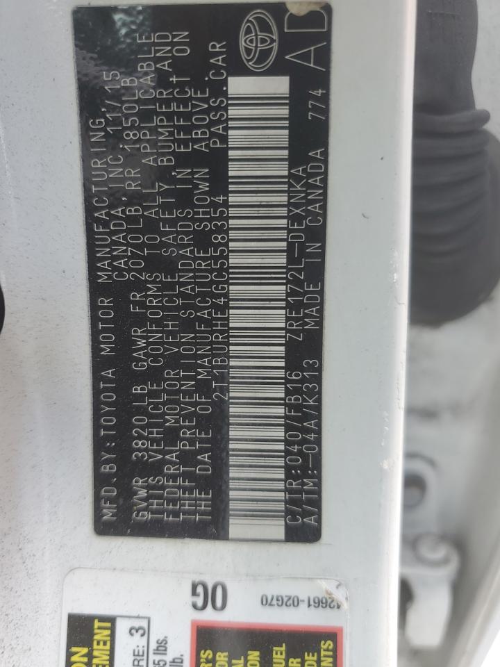 2016 Toyota Corolla L VIN: 2T1BURHE4GC558354 Lot: 81983845