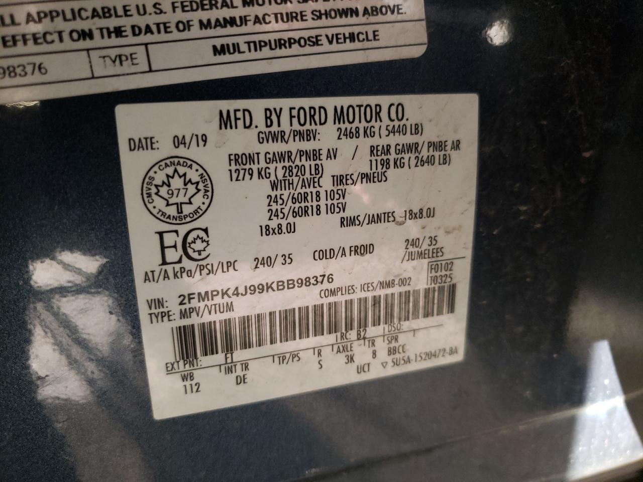 2019 Ford Edge Sel VIN: 2FMPK4J99KBB98376 Lot: 81941405