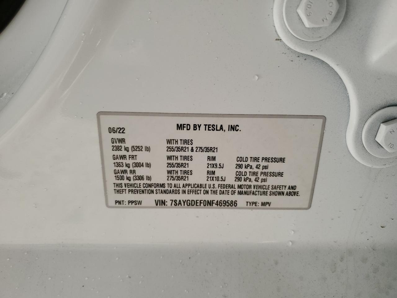 2022 Tesla Model Y VIN: 7SAYGDEF0NF469586 Lot: 91021255