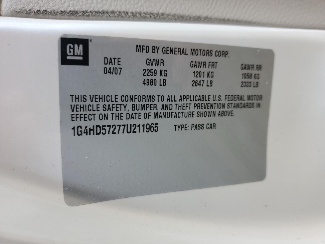 2007 Buick Lucerne Cxl VIN: 1G4HD57277U211965 Lot: 90006925