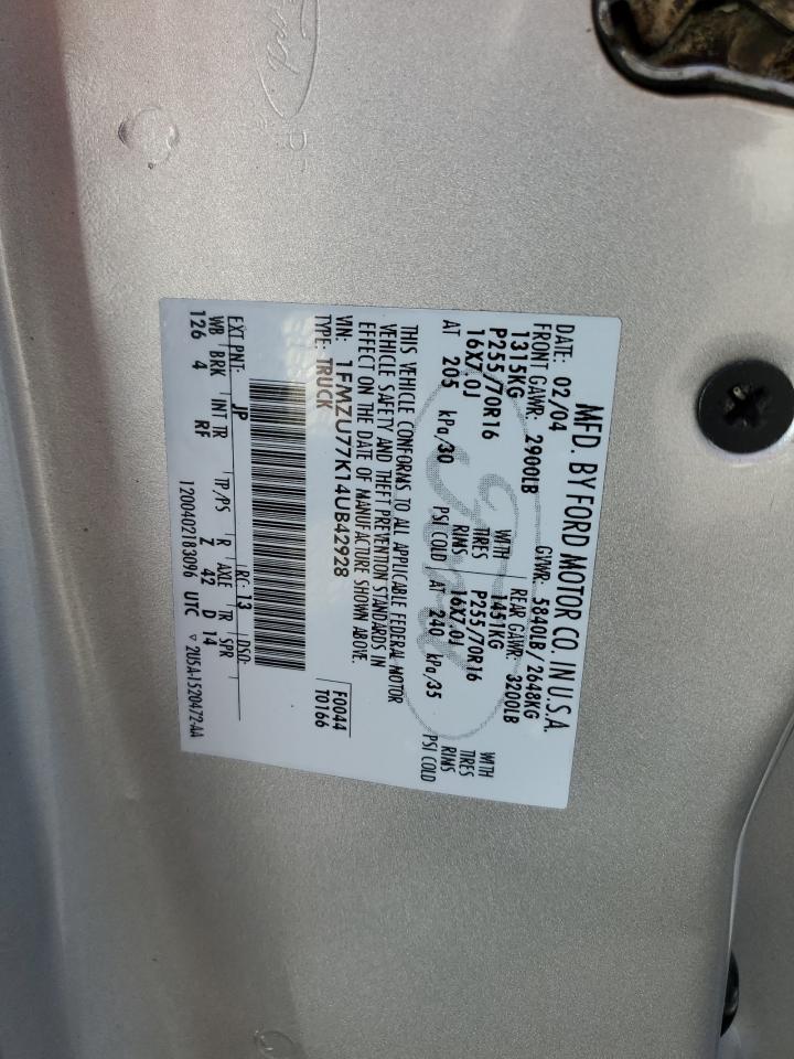 2004 Ford Explorer Sport Trac VIN: 1FMZU77K14UB42928 Lot: 85348195