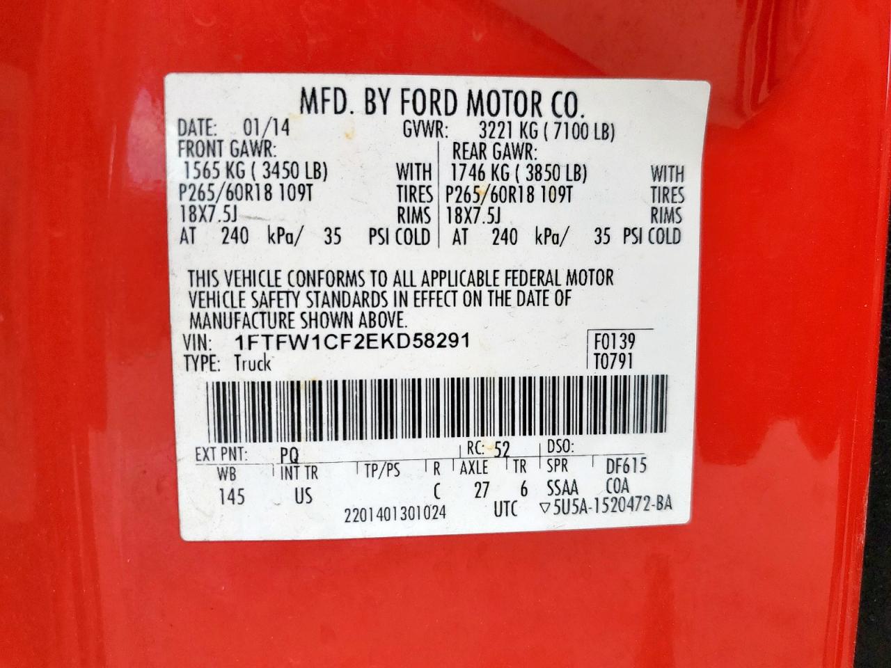 2014 Ford F150 Supercrew VIN: 1FTFW1CF2EKD58291 Lot: 82439495