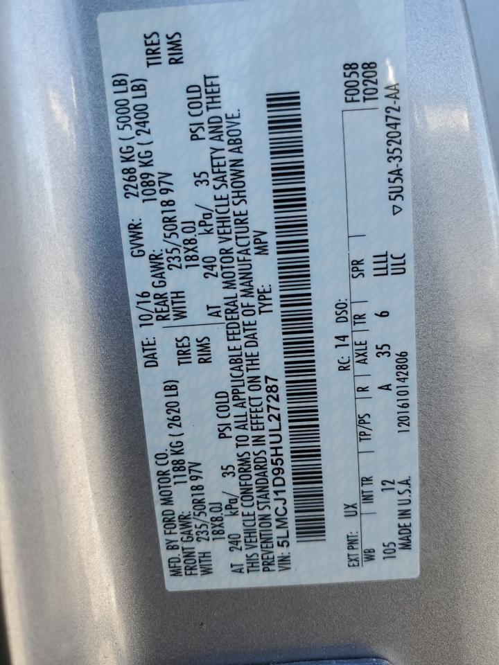 2017 Lincoln Mkc Premiere VIN: 5LMCJ1D95HUL27287 Lot: 90499635