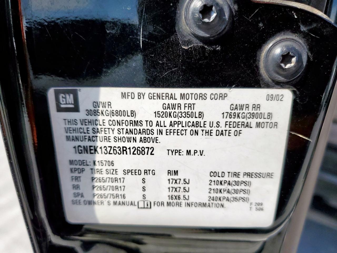 2003 Chevrolet Tahoe K1500 VIN: 1GNEK13Z63R126872 Lot: 85562125