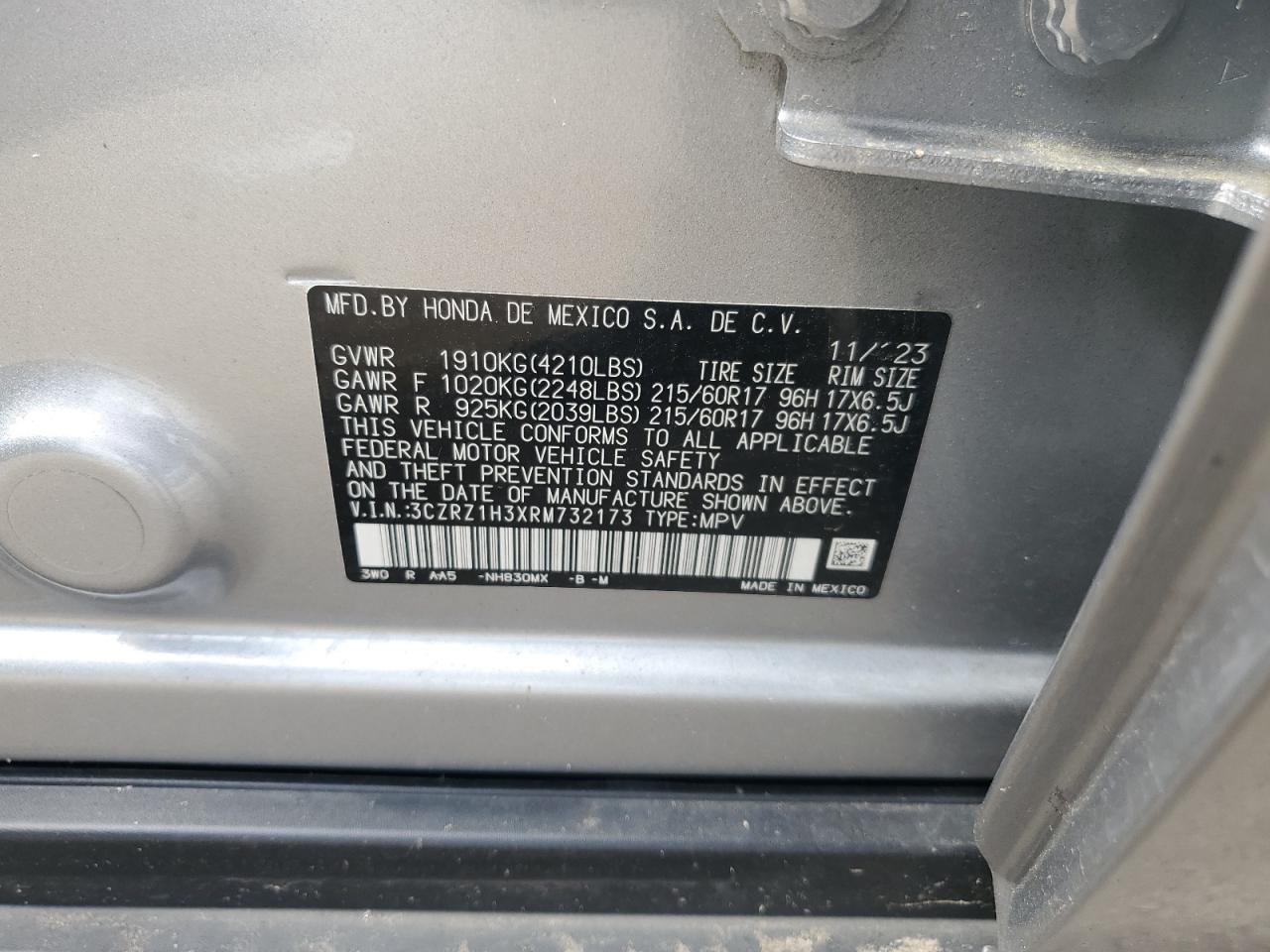 2024 Honda Hr-V Lx VIN: 3CZRZ1H3XRM732173 Lot: 84866865