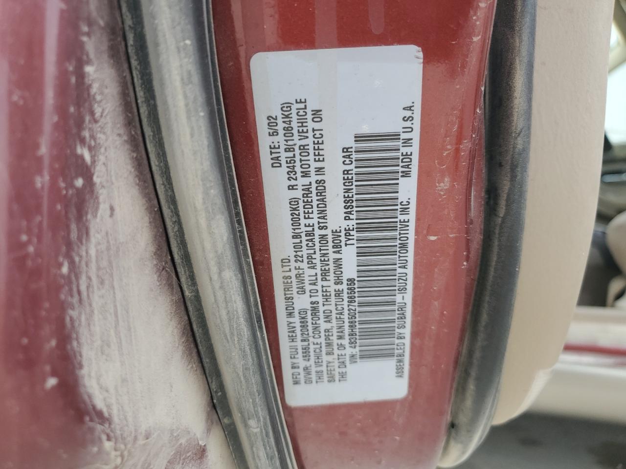 2002 Subaru Legacy Outback VIN: 4S3BH665027665658 Lot: 86154695