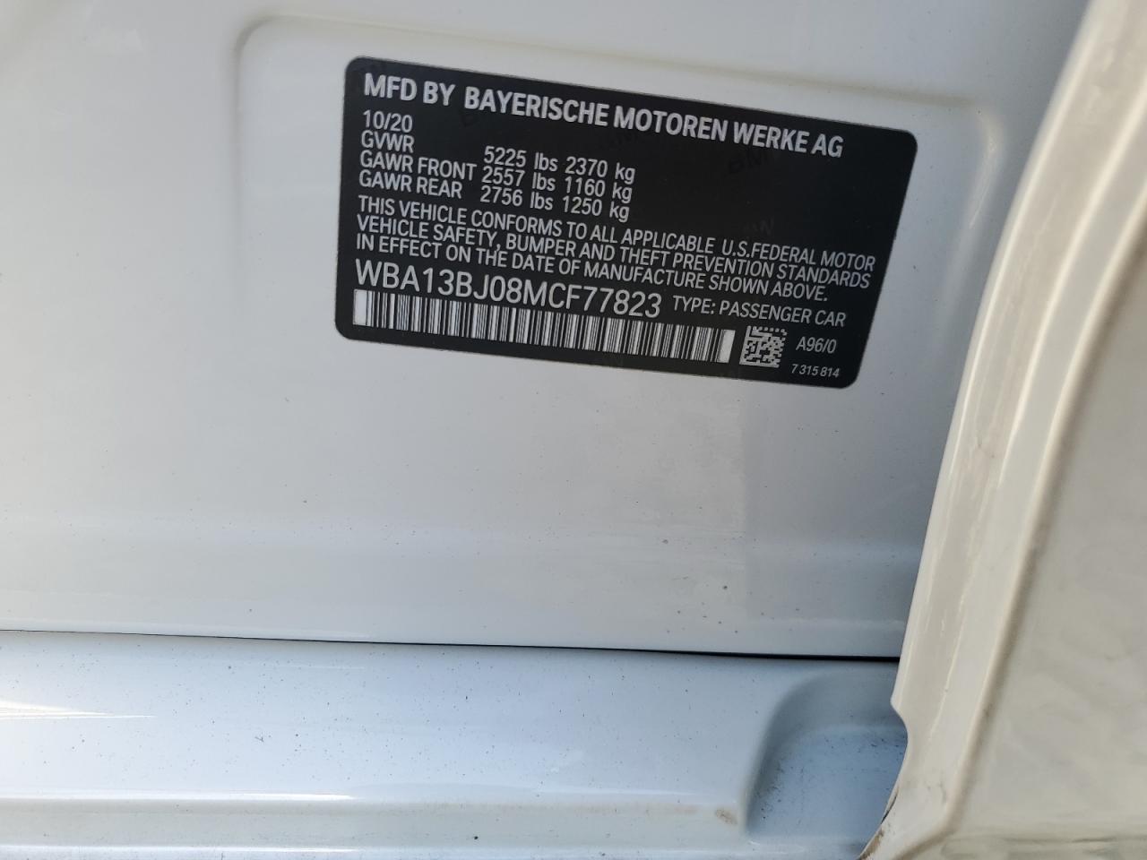 2021 BMW 530 Xi VIN: WBA13BJ08MCF77823 Lot: 84425835