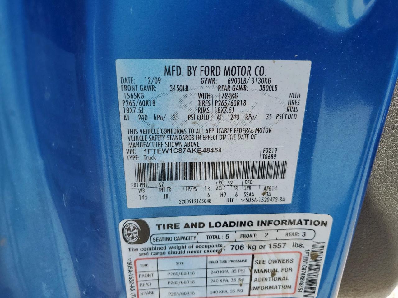 2010 Ford F150 Supercrew VIN: 1FTEW1C87AKB48454 Lot: 81970955