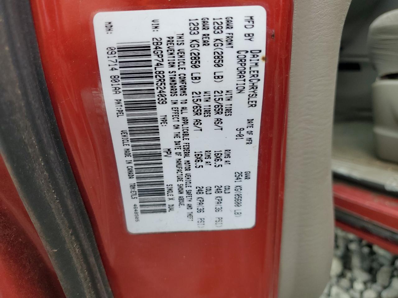 2002 Dodge Grand Caravan Ex VIN: 2B4GP74L82R524039 Lot: 82339235