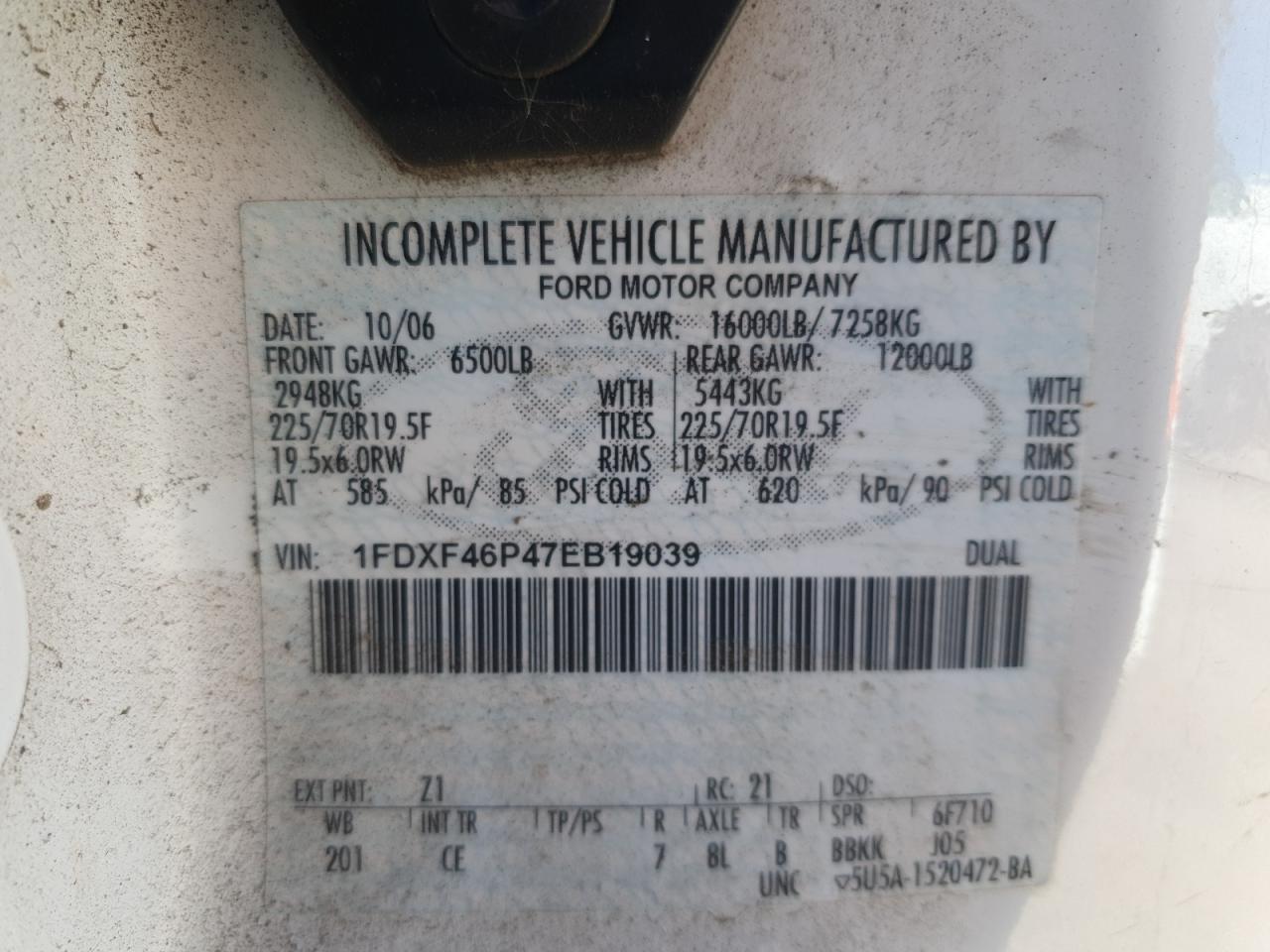 2007 Ford F450 Super Duty VIN: 1FDXF46P47EB19039 Lot: 87008115