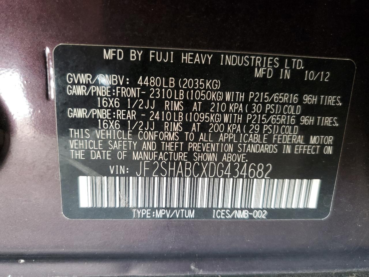 2013 Subaru Forester 2.5X VIN: JF2SHABCXDG434682 Lot: 85490115