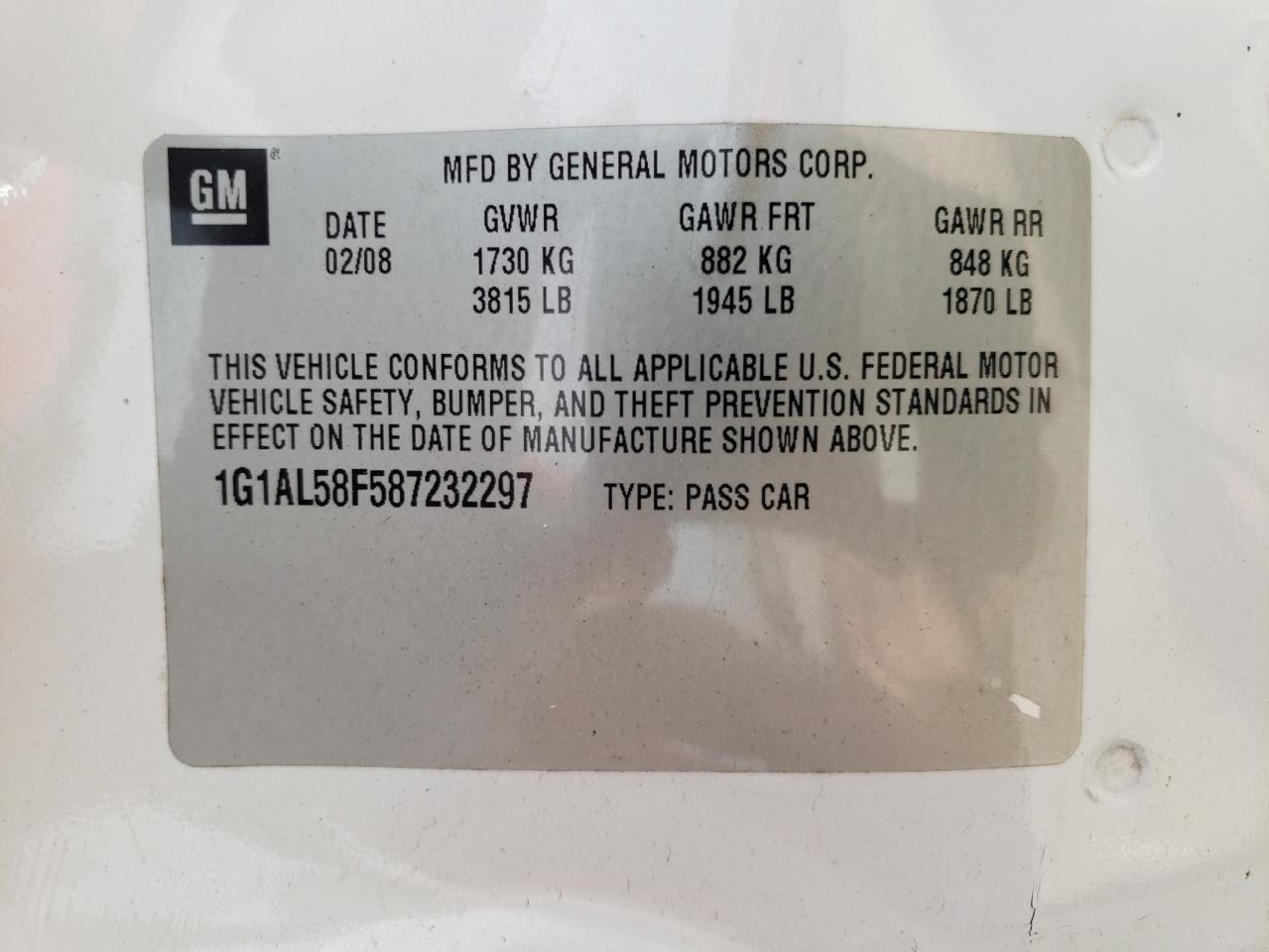 2008 Chevrolet Cobalt Lt VIN: 1G1AL58F587232297 Lot: 82346695