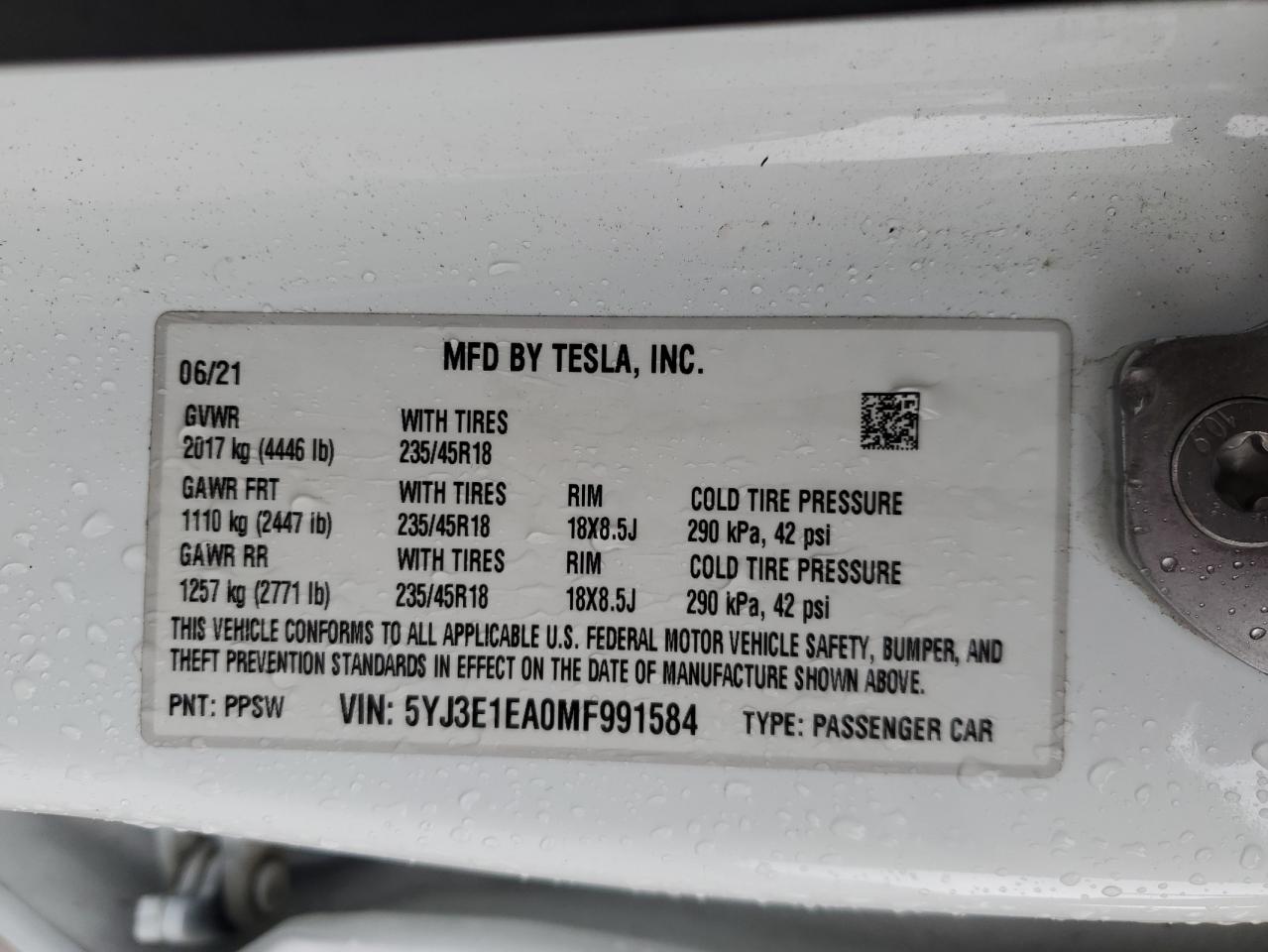 2021 Tesla Model 3 VIN: 5YJ3E1EA0MF991584 Lot: 89852415