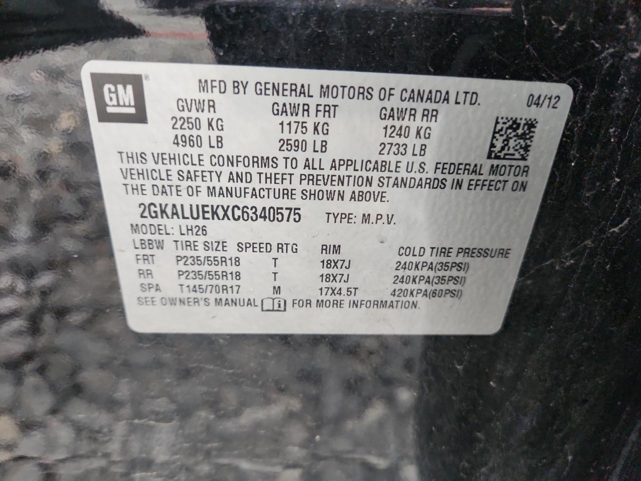 2012 GMC Terrain Slt VIN: 2GKALUEKXC6340575 Lot: 90443105