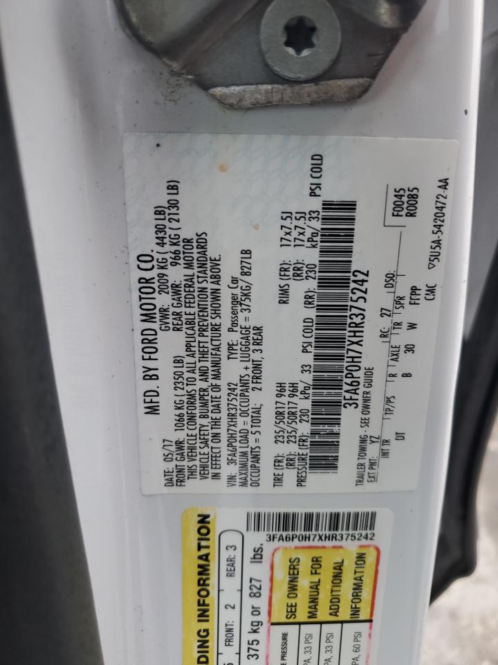 2017 Ford Fusion Se VIN: 3FA6P0H7XHR375242 Lot: 85834695