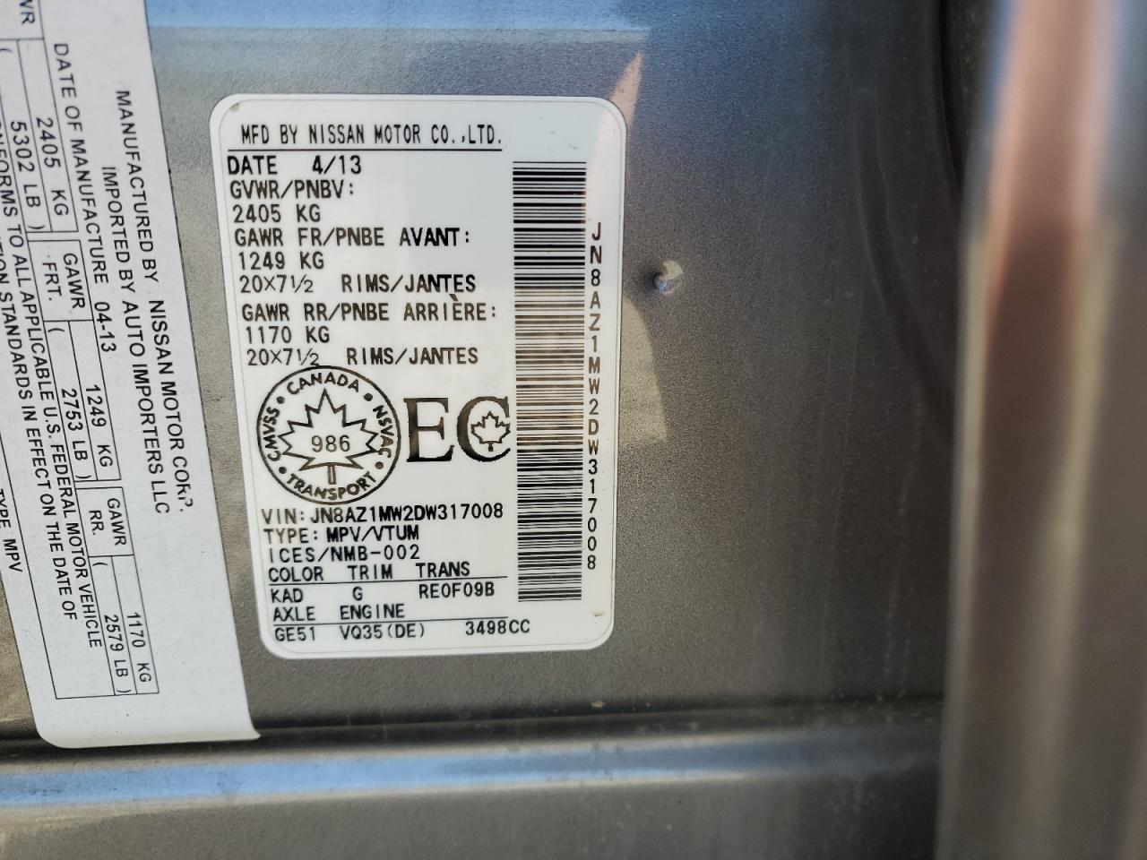 2013 Nissan Murano S VIN: JN8AZ1MW2DW317008 Lot: 85722725