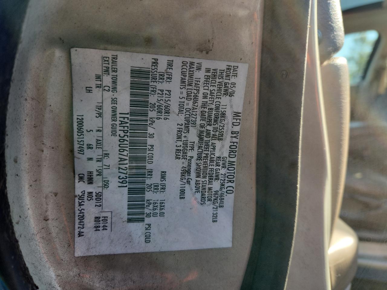 2007 Ford Taurus Sel VIN: 1FAFP56U67A127391 Lot: 85934625