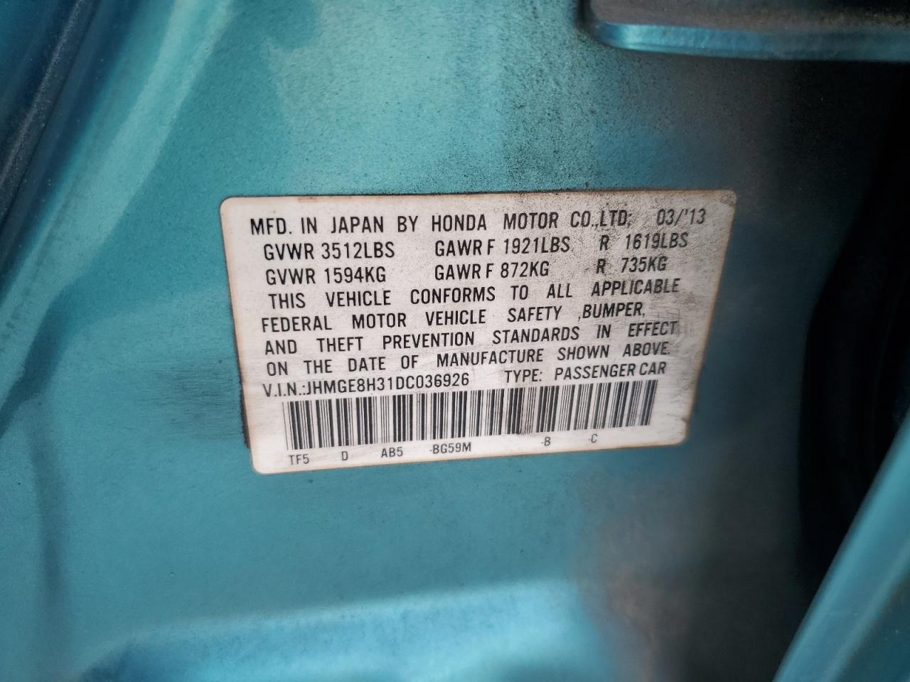 2013 Honda Fit VIN: JHMGE8H31DC036926 Lot: 85293475