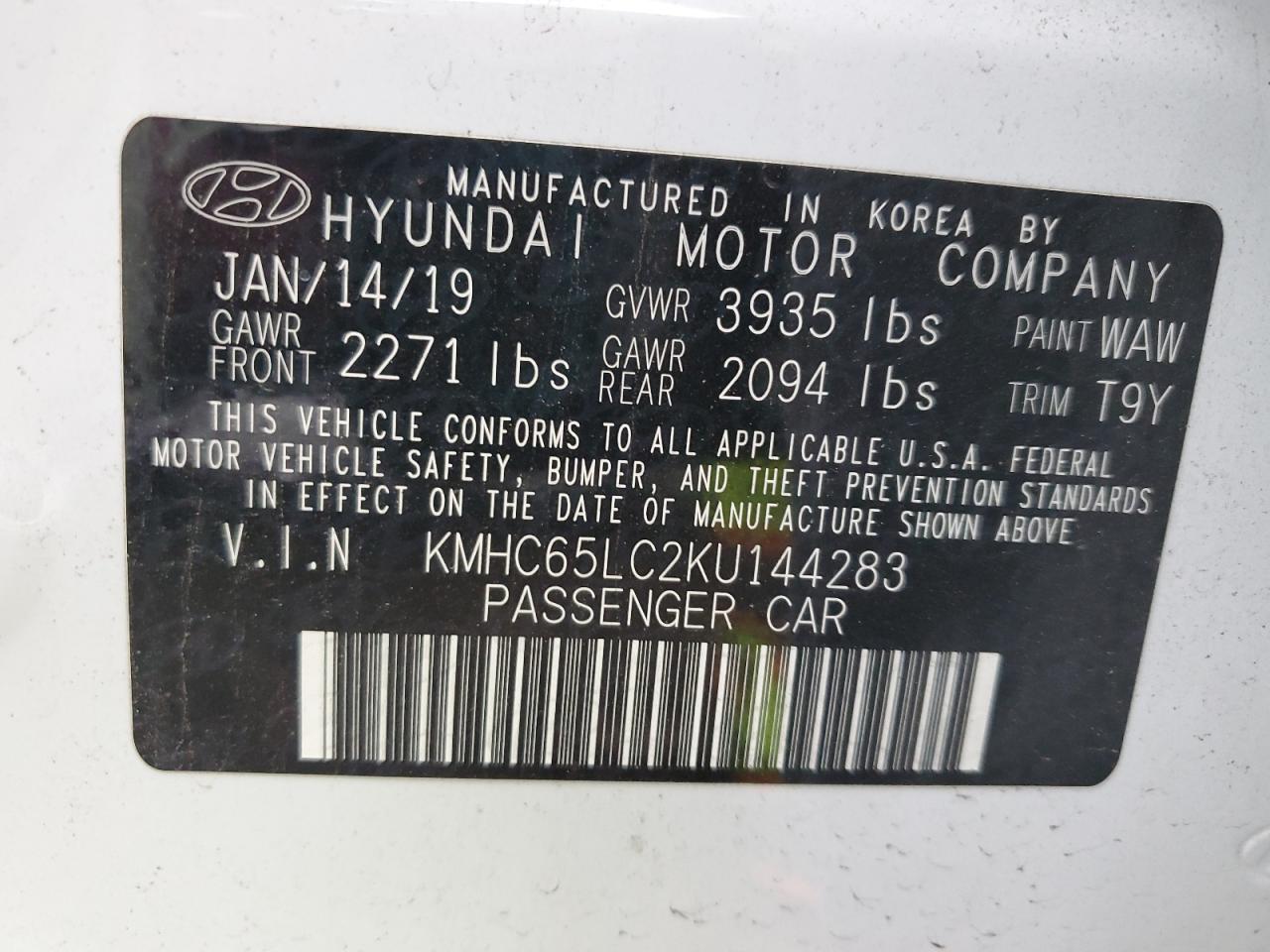 2019 Hyundai Ioniq Blue VIN: KMHC65LC2KU144283 Lot: 91197845