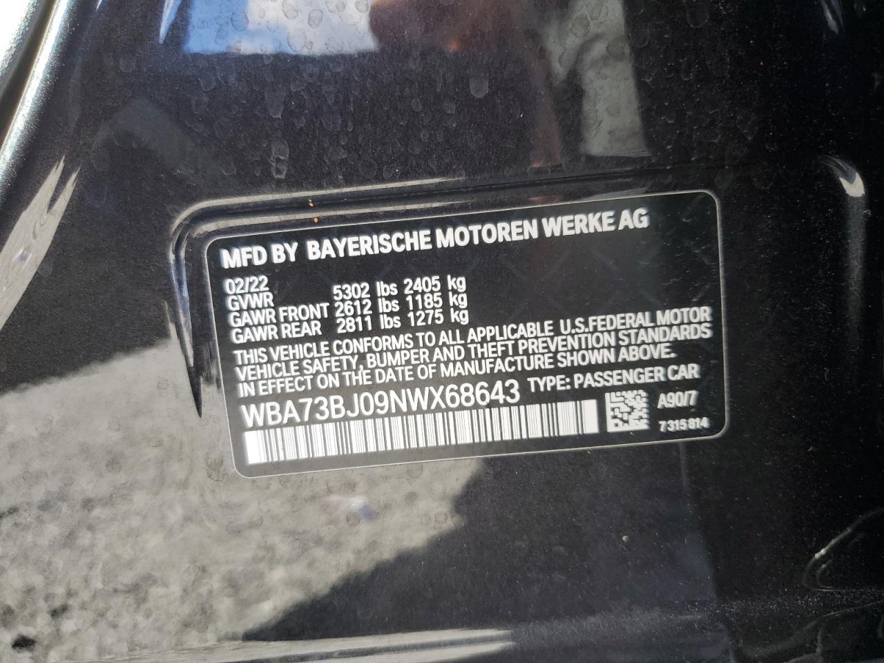 2022 BMW 540 Xi VIN: WBA73BJ09NWX68643 Lot: 85311125