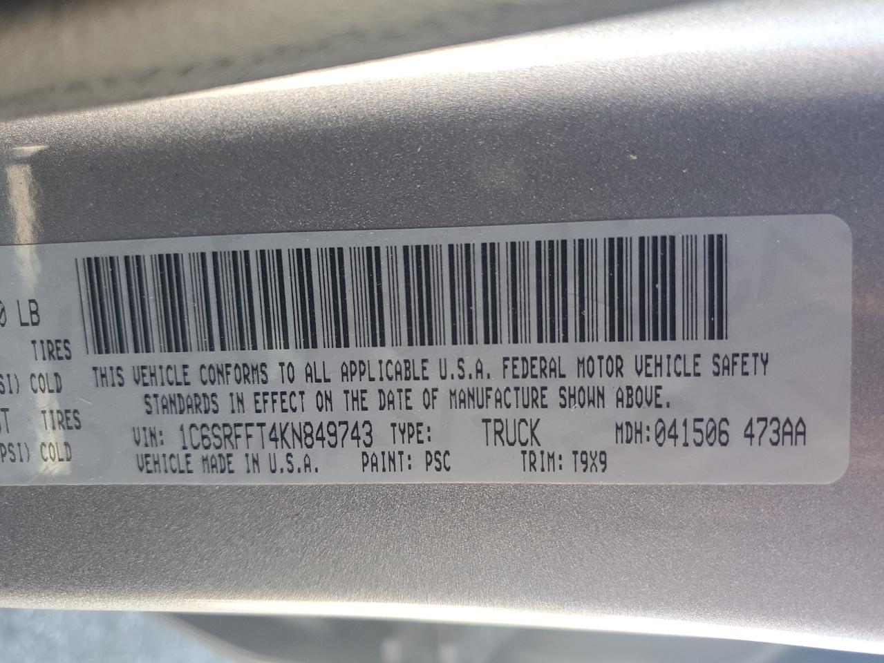 2019 Ram 1500 Big Horn/Lone Star VIN: 1C6SRFFT4KN849743 Lot: 86862425