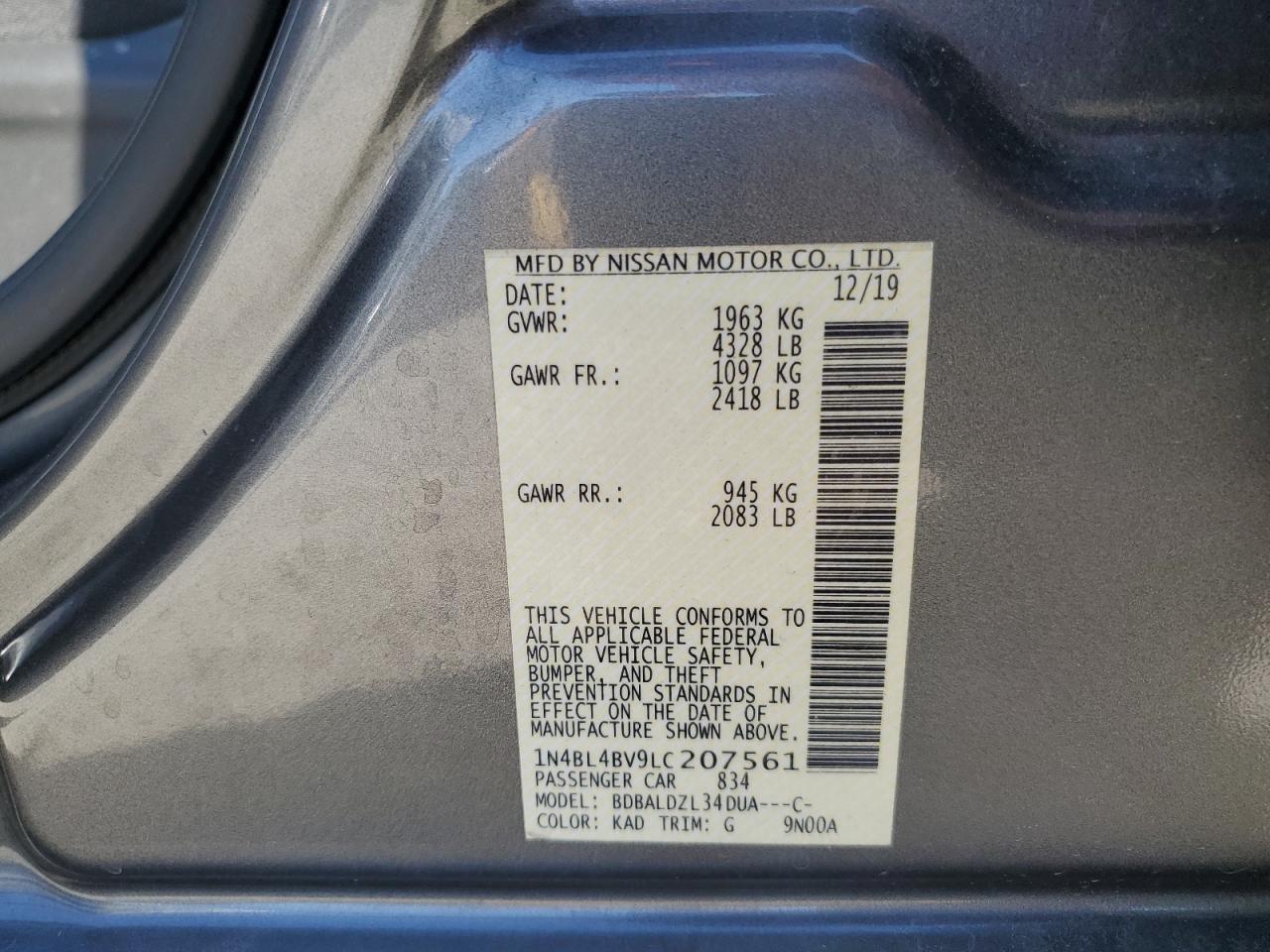 2020 Nissan Altima S VIN: 1N4BL4BV9LC207561 Lot: 84291575