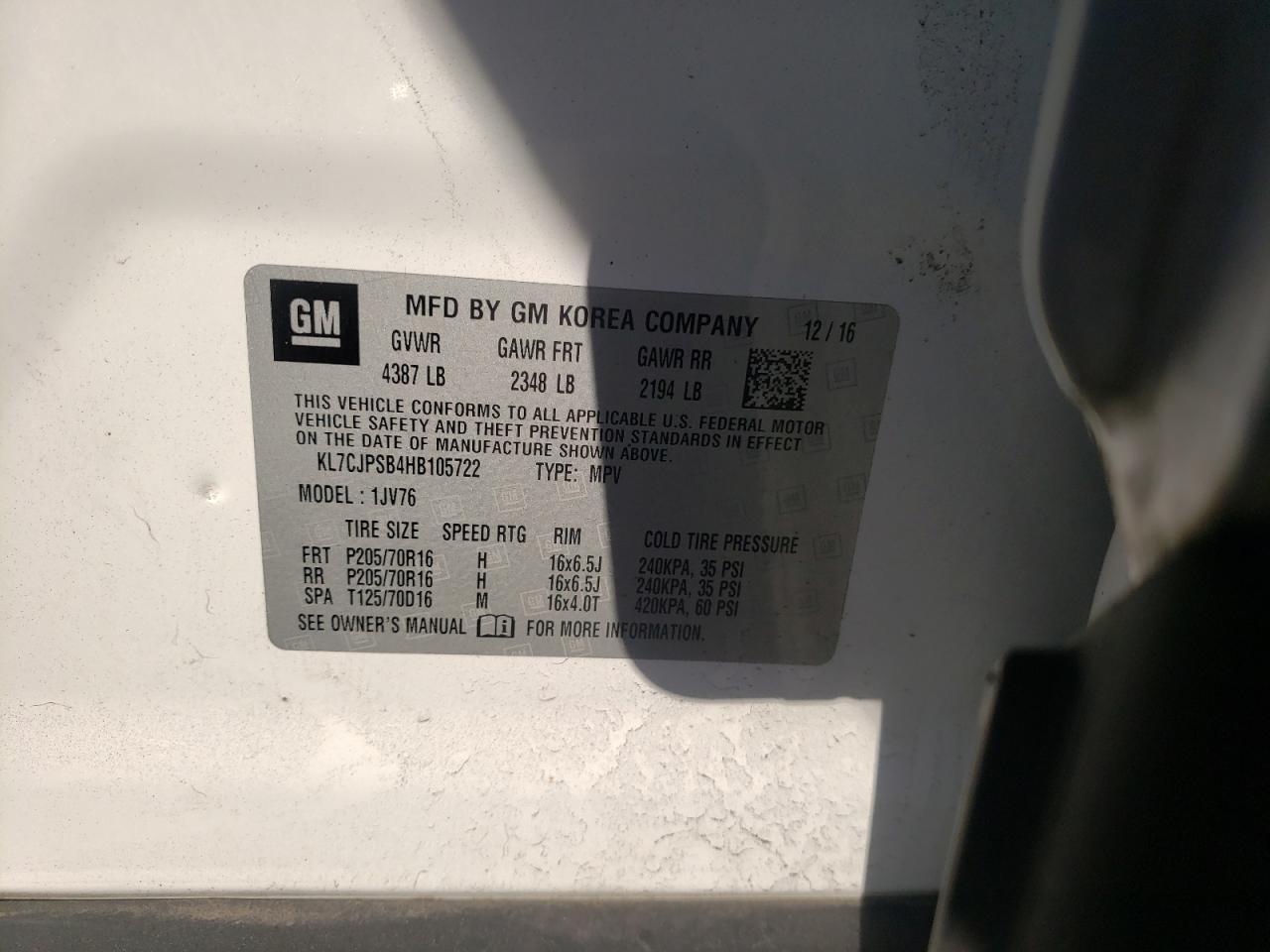 2017 Chevrolet Trax 1Lt VIN: KL7CJPSB4HB105722 Lot: 81995705