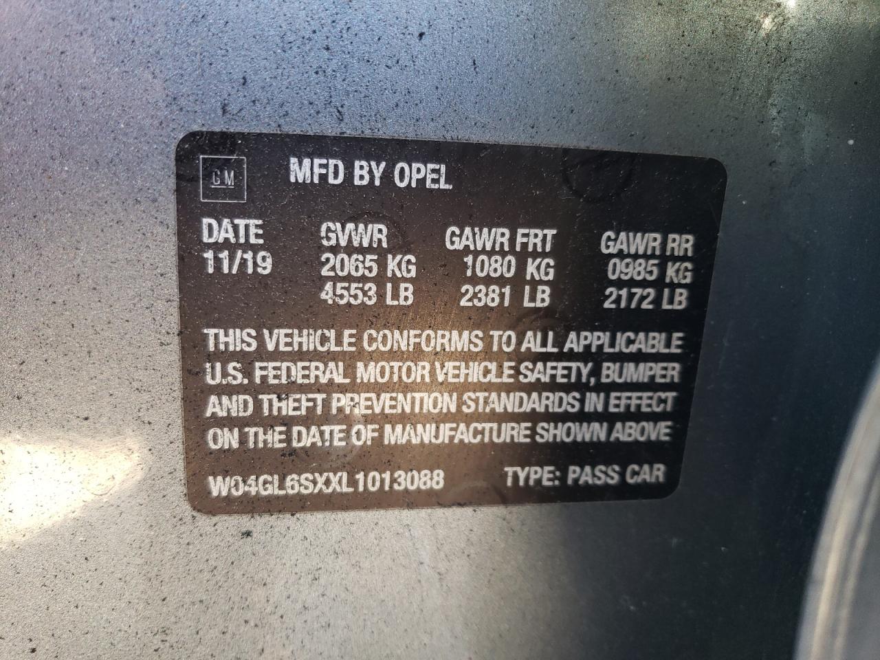 2020 Buick Regal Preferred VIN: W04GL6SXXL1013088 Lot: 90285715