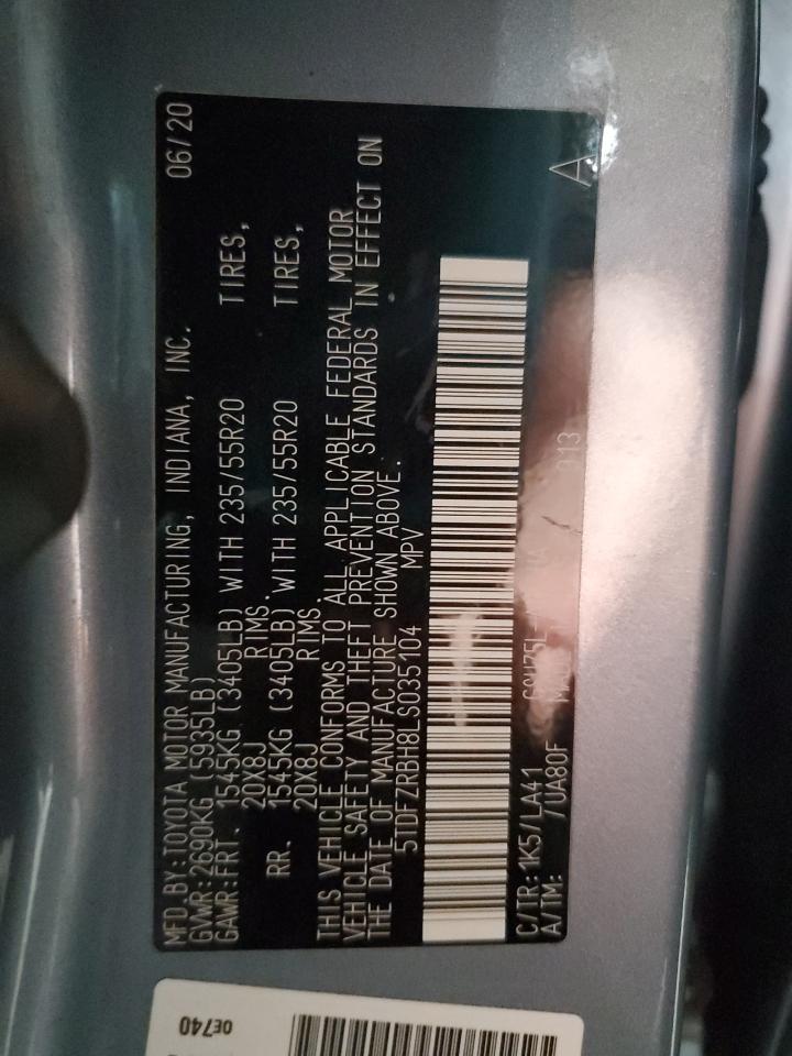 2020 Toyota Highlander Platinum VIN: 5TDFZRBH8LS035104 Lot: 85844445